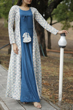 Thumbnail for Aastha Fashion Women's Blue Designer Rayon Gown with Crochet Embroidery Work Shrug - Distacart