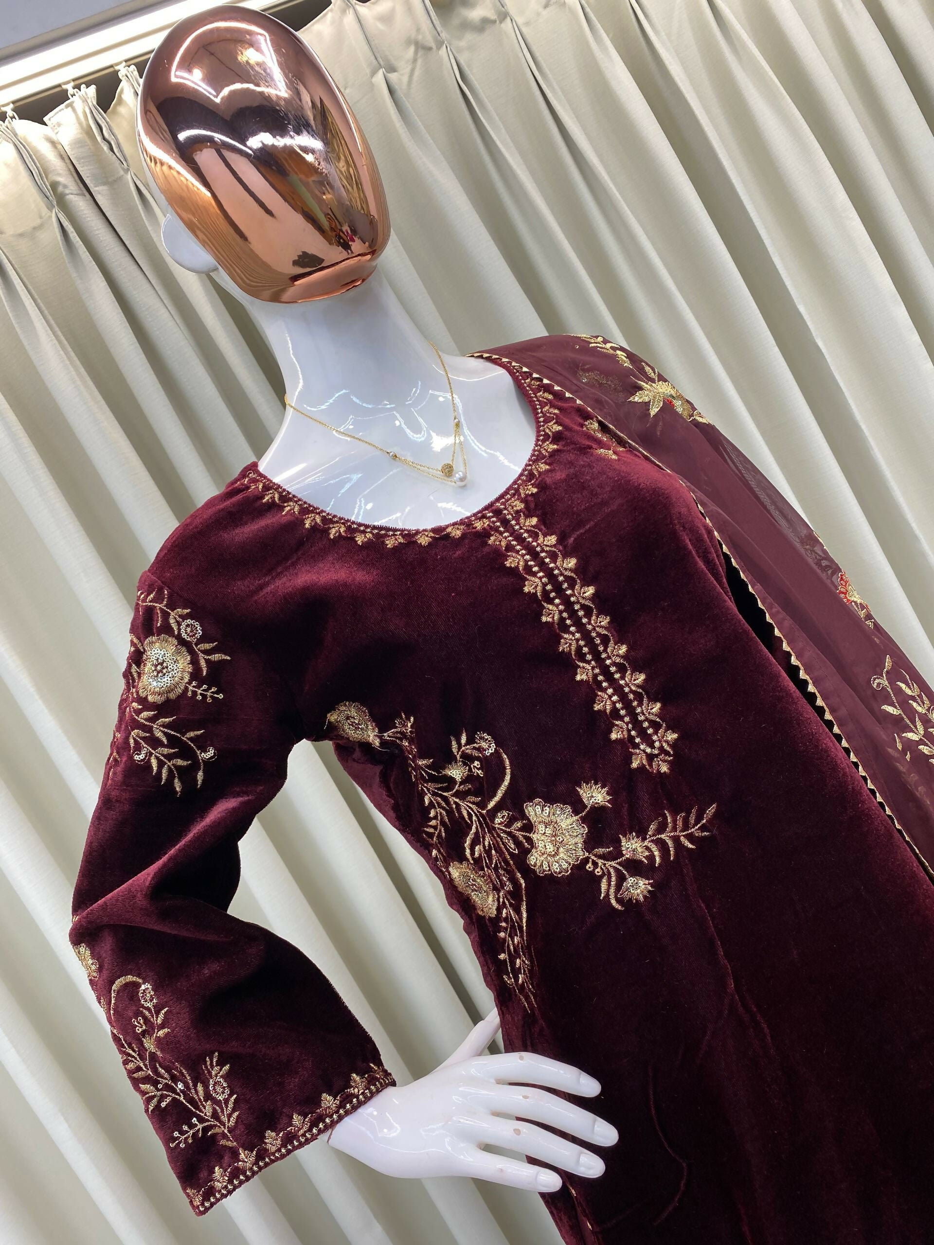 Vastranavya Wine Velvet Sequence Embroidery Work Kurta & Palazzo With Dupatta - Distacart