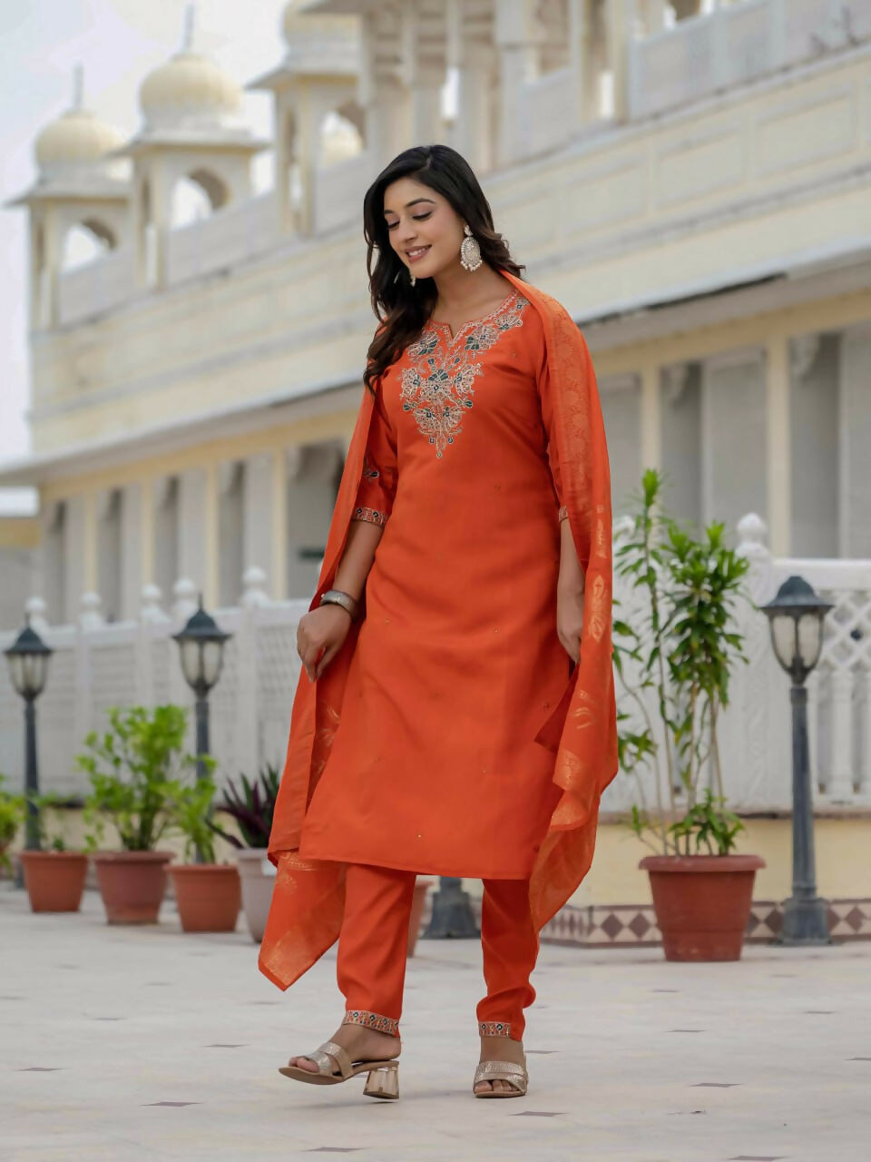 Preksha Creation Wedding Special Premium Roman Silk Coding Embroidery With Sequins Work Kurti Dupatta With Pant