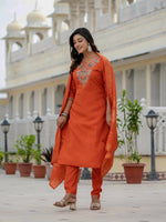 Thumbnail for Preksha Creation Wedding Special Premium Roman Silk Coding Embroidery With Sequins Work Kurti Dupatta With Pant
