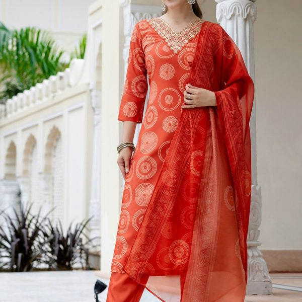 The52 Orange Women's Gorgeous Rayon Embroidered Straight Kurta with Pant And Dupatta Set - Distacart