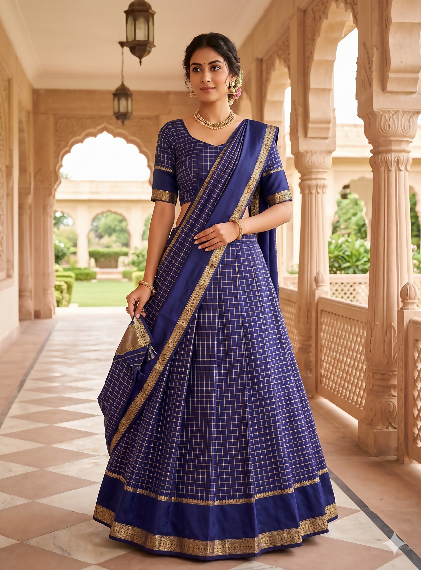 Teeya Creation New South Indian Silk Checked Half Saree Lehenga Choli with Zari Border-Navy-Blue - Dista