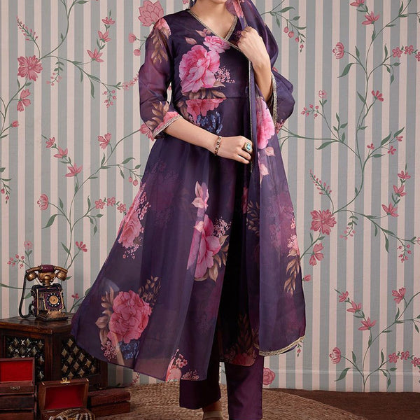 Ode by House of Pataudi Floral Printed Gotta Patti Anarkali Kurta with Trousers & Dupatta - Distacart
