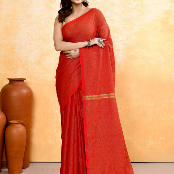 Piyari Fashion Women's Red Embellished Cotton Blend Zari Check Handloom Saree - Distacart