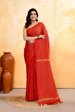 Thumbnail for Piyari Fashion Women's Red Embellished Cotton Blend Zari Check Handloom Saree - Distacart