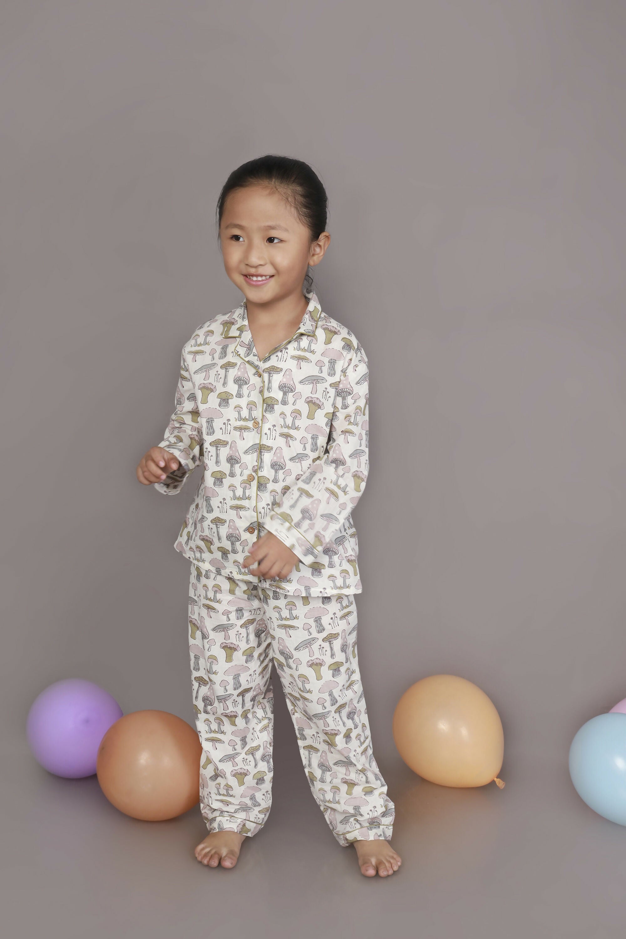 Breathables Kids Cotton White Mushroom Print Shirt & Pyjama Boys & Girls Night Suit - Dista
