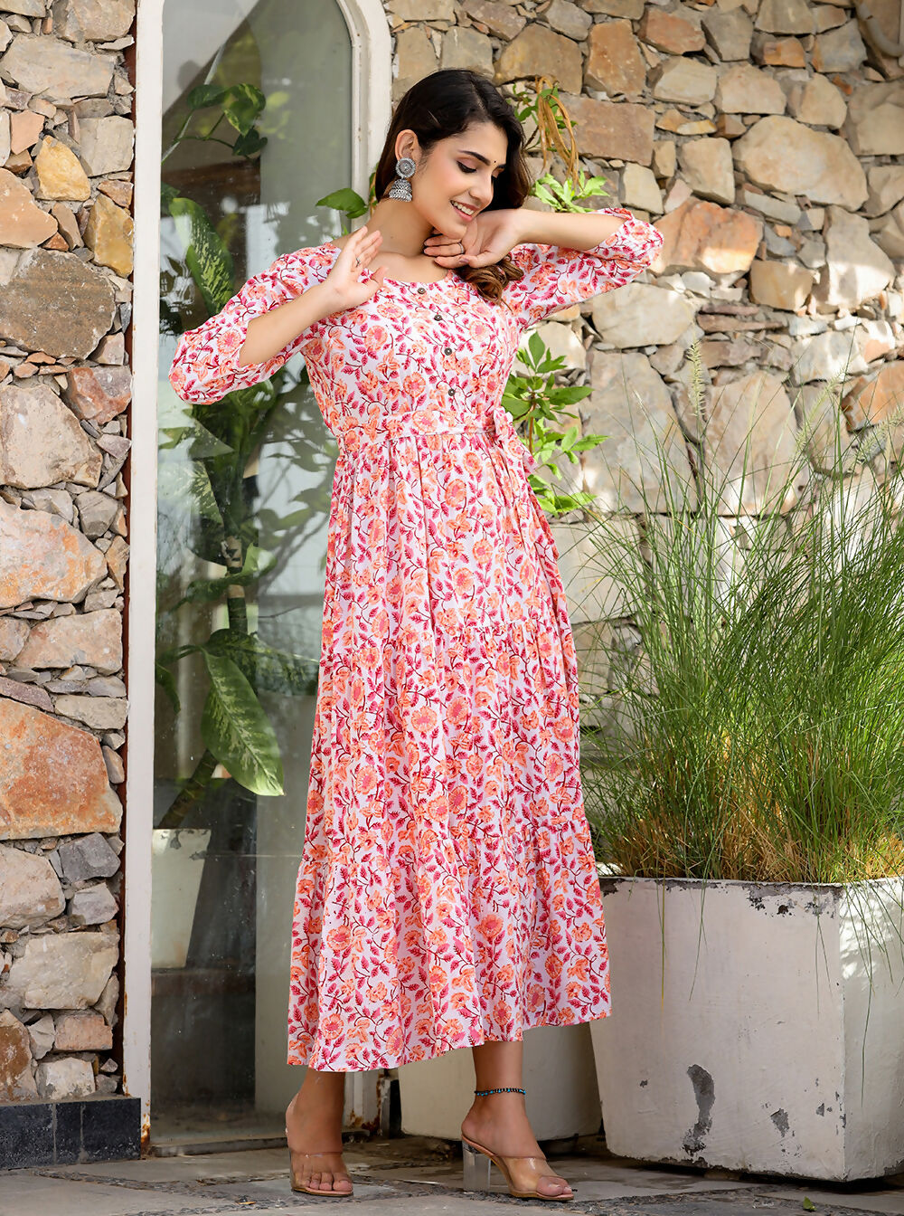 Kaajh Women's Orange Ethnic Floral Hand Block Print Cotton Dress - Distacart