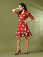 Thumbnail for Myshka Women's Rust Printed Shirt Collar Fit and Flare Party Dress - Distacart