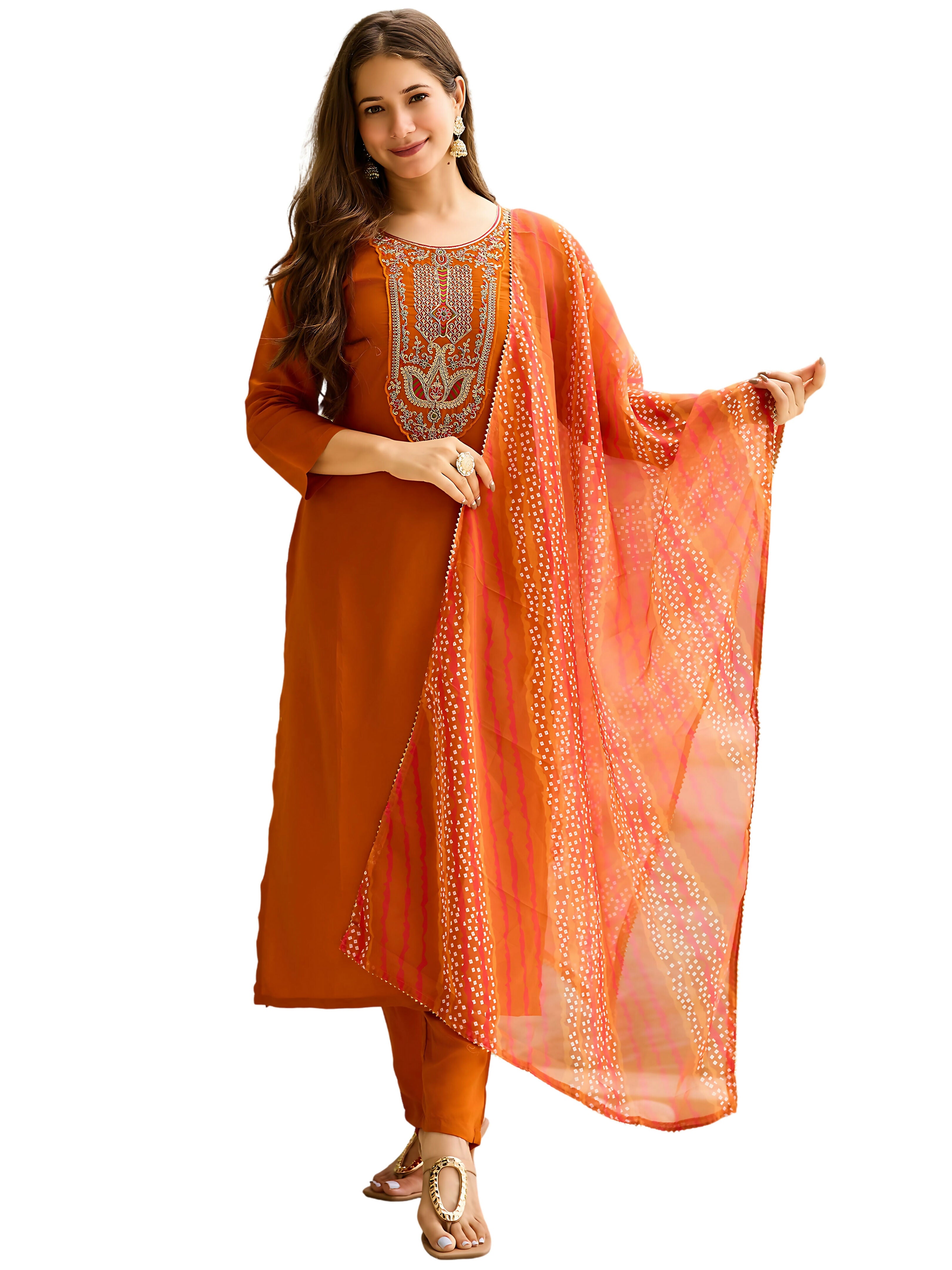 The52 Rust Women's Gorgeous Embroidered work Rayon Fabric Straight Kurta, Pant and Dupatta Set