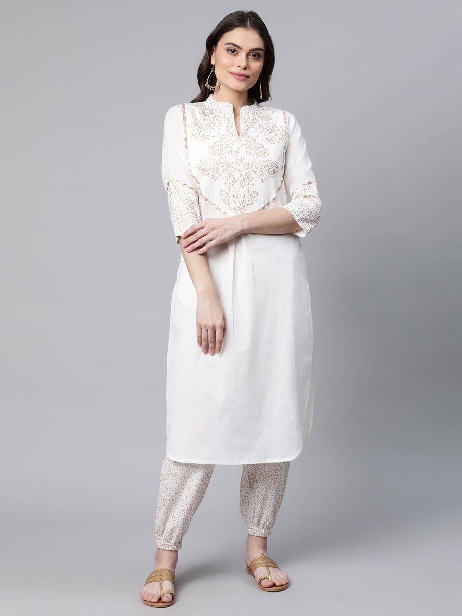 Ahalyaa Women Offwhite Pure Cotton Printed Kurta With Trousers - Distacart