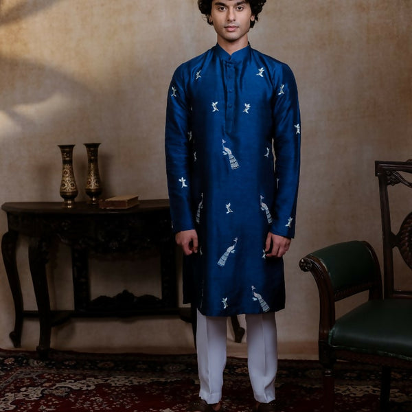 Falling Raw Silk Navy Blue Neel Mayura Kurta Set By Hilo Design