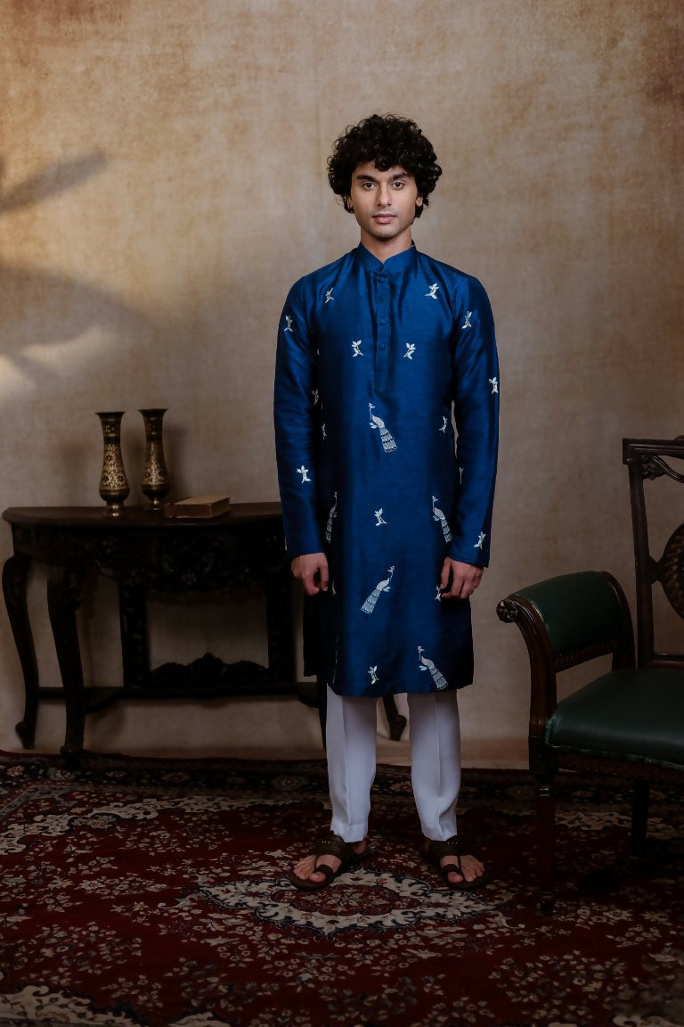 Falling Raw Silk Navy Blue Neel Mayura Kurta Set By Hilo Design - Distacart