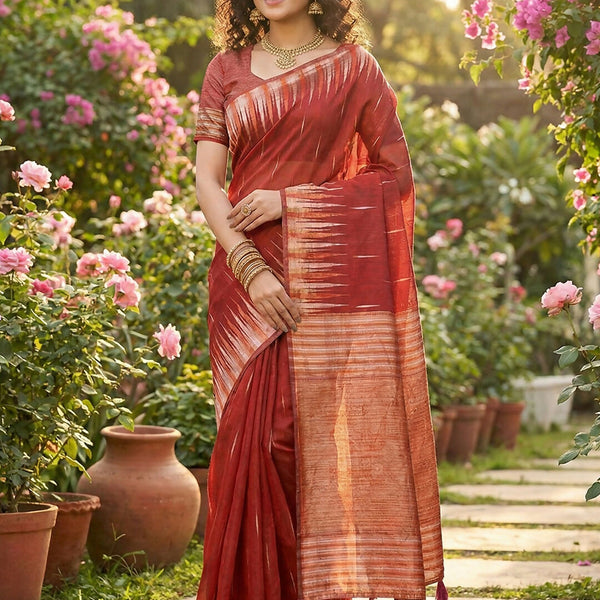 Shree Shyam Fashion Red Linen Cotton Saree - Distacart