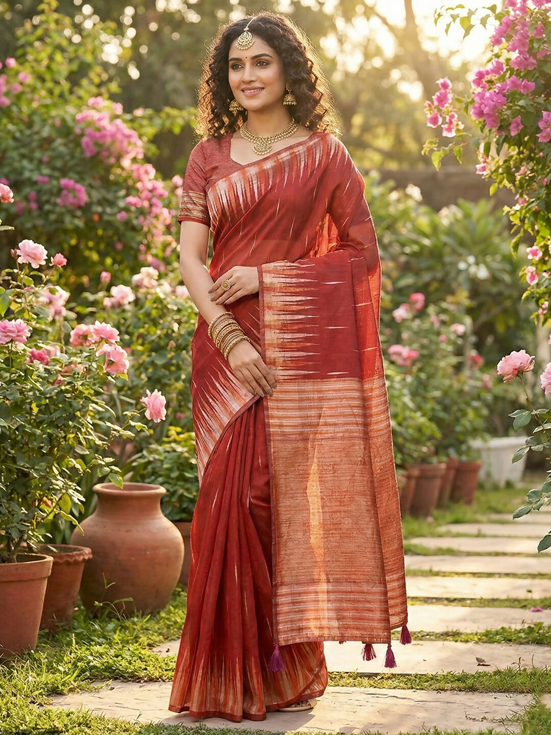 Shree Shyam Fashion Red Linen Cotton Saree - Distacart