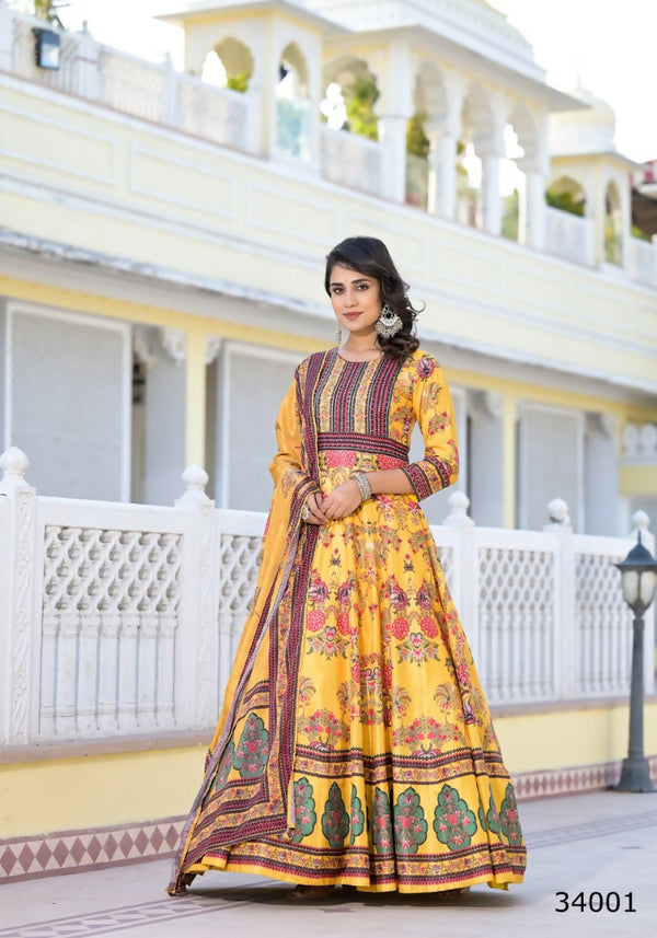 Partywear Designer Yellow Dola Silk Anarkali suit with Dupatta - Suzen - Distacart