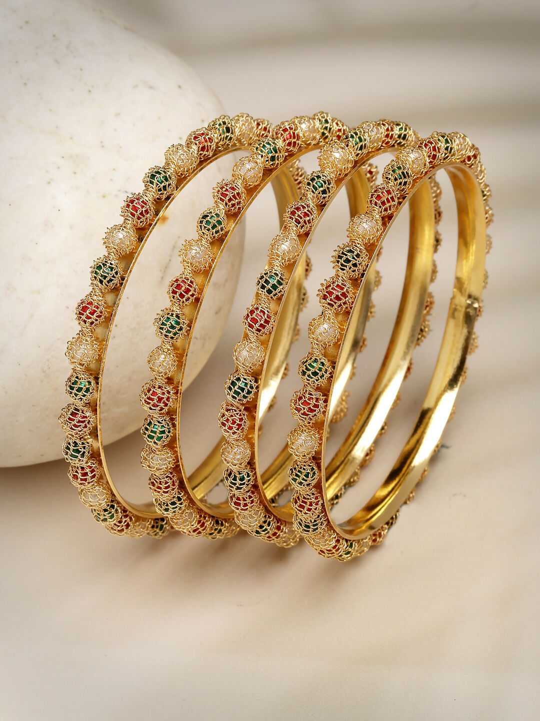 NVR Women's Set of 4 Gold-Plated Beads Handcrafted Traditional Bangles - Distacart