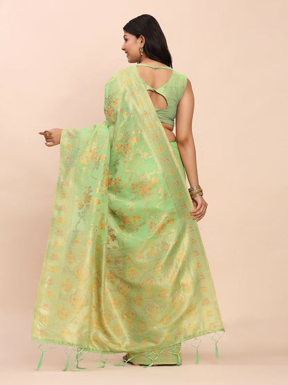 Shree Shyam Fashion Linen Cotton Green Saree - Distacart