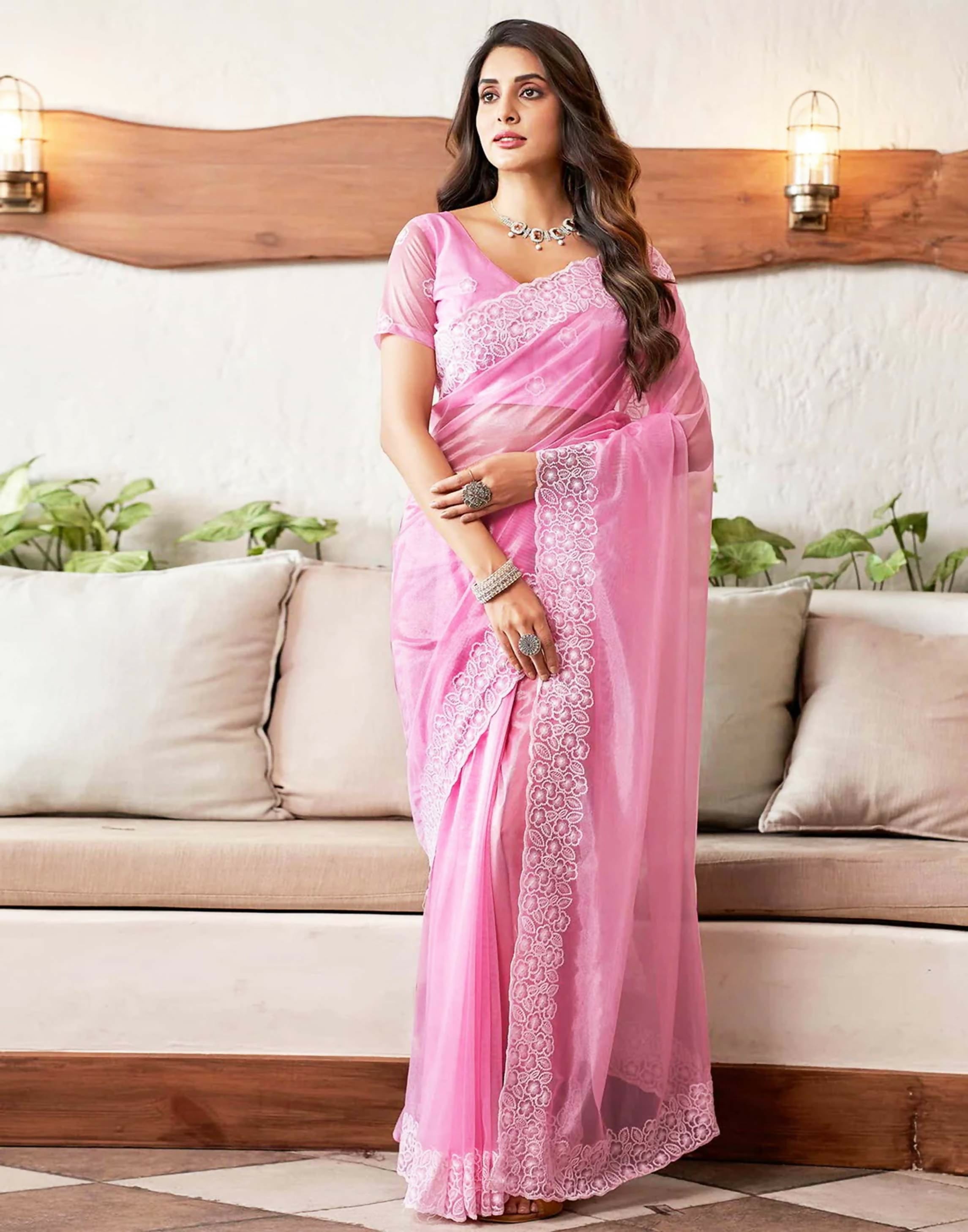 Joban Fashion Organza Pink & White Color Embroidery Saree
