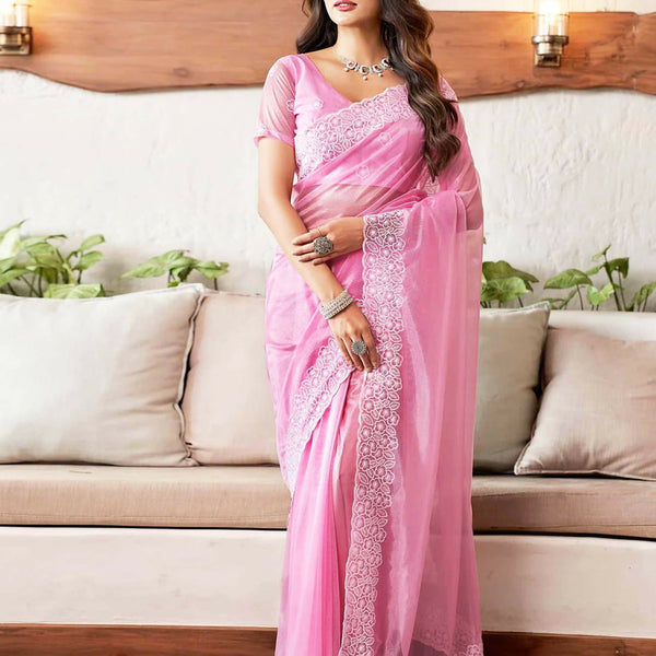 Joban Fashion Organza Pink & White Color Embroidery Saree - Distacart