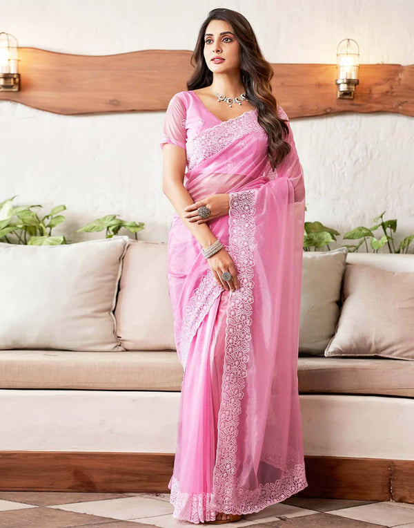Joban Fashion Organza Pink & White Color Embroidery Saree