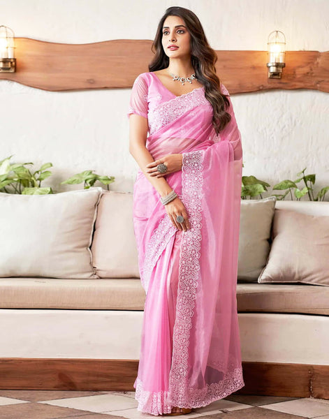 Joban Fashion Organza Pink & White Color Embroidery Saree