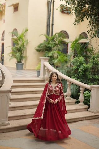 Preksha Creation Indian Festival Special Women Faux Blooming With Sequins-Multi & Zari Embroidered Work Gown With Dupatta - Red - Distacart