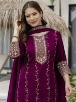 Thumbnail for The52 Wine Beautiful Embroidered Vichitra Silk Fabric Straight Kurta, Palazzo and Dupatta Set - Distacart