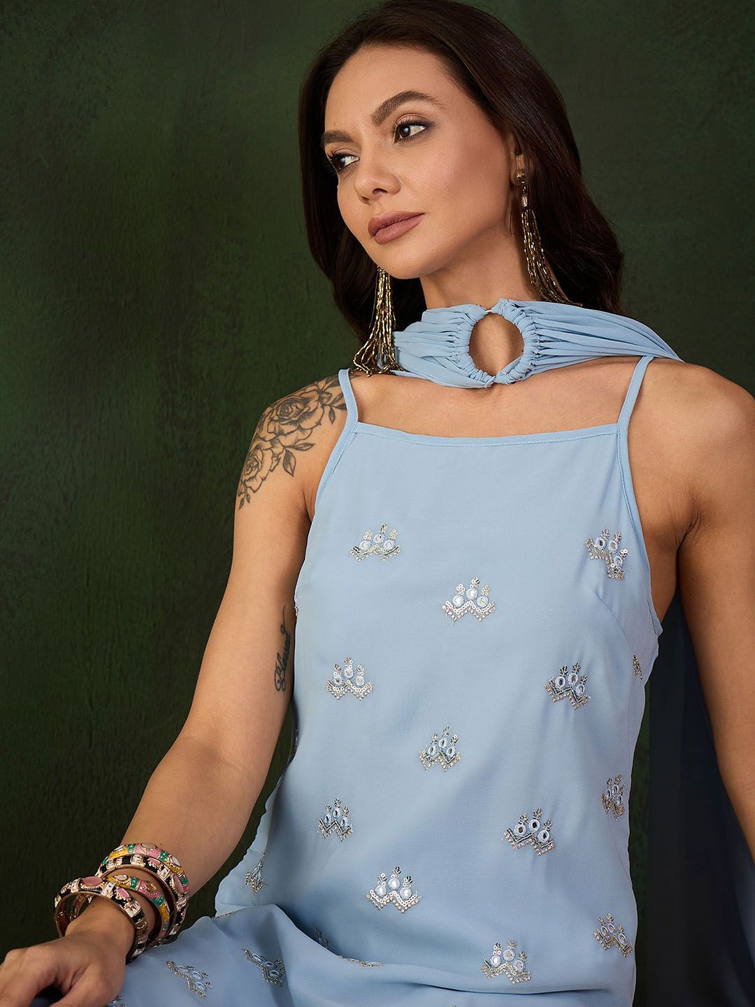 Sangria Sequined Straight Kurta & Sharara With Dupatta - Distacart