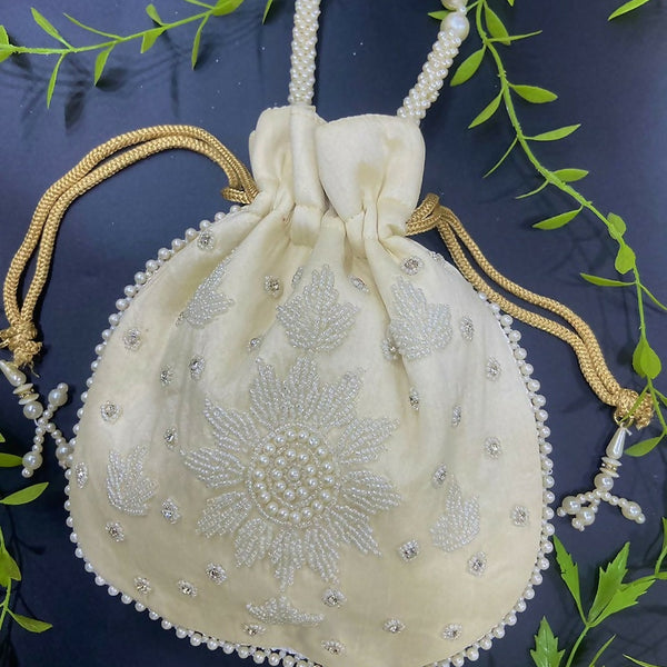 Joban Fashion Pearl Hand Work Potli Bag - Off White