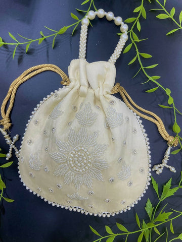 Joban Fashion Pearl Hand Work Potli Bag - Off White - Dista
