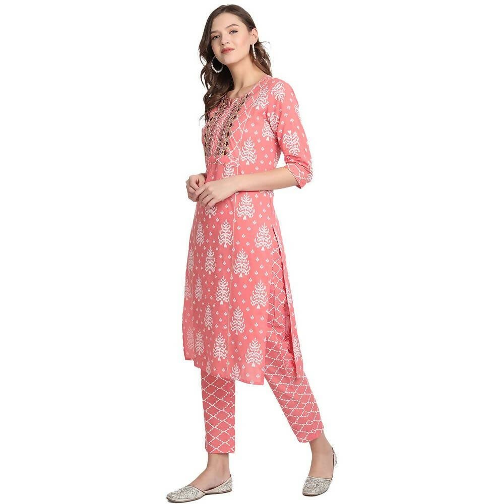 Anubhutee Women's Cotton Regular Ethnic Motifs Printed Pink Kurta With Trousers - Distacart