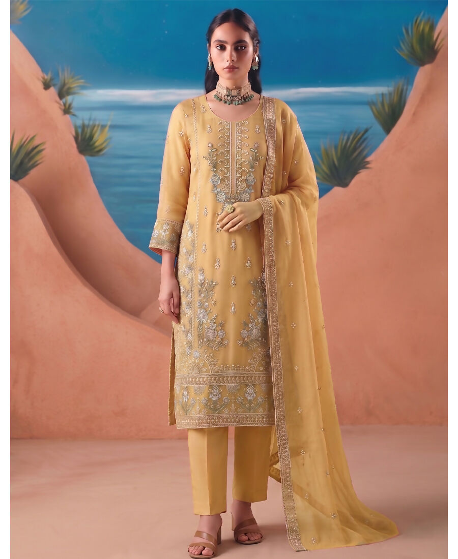 KC Heavy Chiffon Silk Yellow Hand Embroidered Straight Suit For Women Wedding - Dista