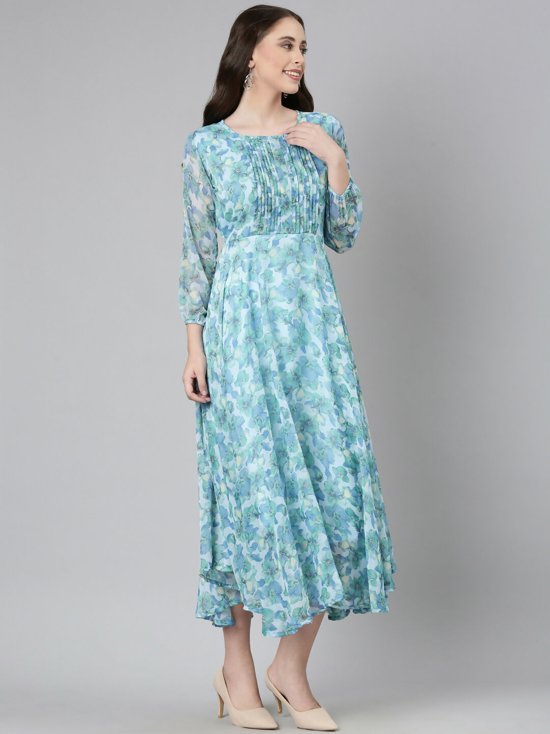 Souchii Blue Floral Chiffon Maxi Dress - Dista