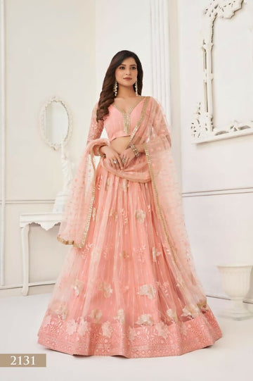 Aastha Fashion Peach Butterfly Net Tone To Tone Thread Work And Sequence Work Embroidery Wedding Wear Lehenga Choli - Distacart