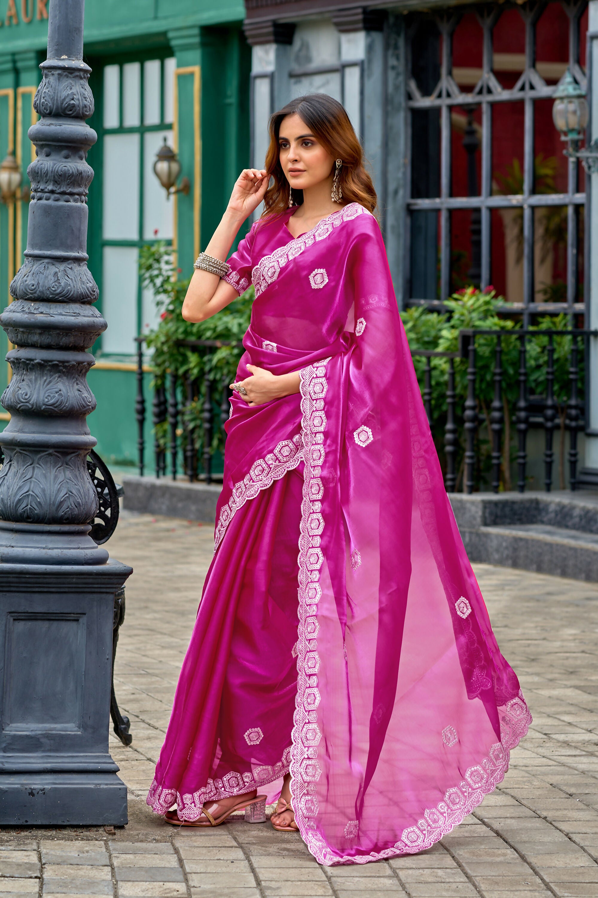 Vastranavya Pink Embroidery Work Shimmer Chiffon Saree with Unstitched Blouse