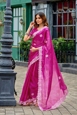 Thumbnail for Vastranavya Pink Embroidery Work Shimmer Chiffon Saree with Unstitched Blouse