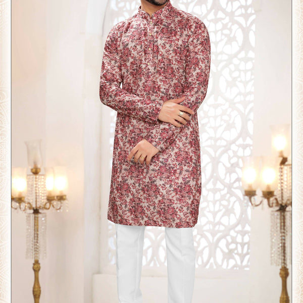 Joban Fashion Men's Pinkish Red Straight Rayon Thread Embroidery All Over Kurta Set - Distacart
