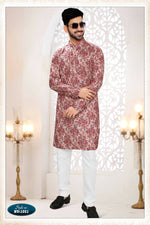 Thumbnail for Joban Fashion Men's Pinkish Red Straight Rayon Thread Embroidery All Over Kurta Set - Distacart