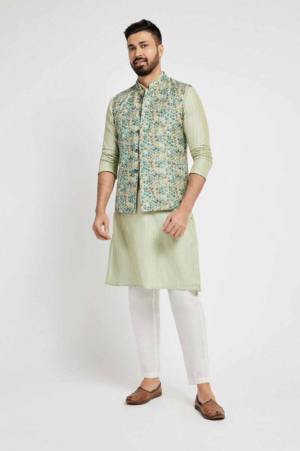 Ethnic India Blue Bundi Men's Jacket Geometric Polyester - Distacart