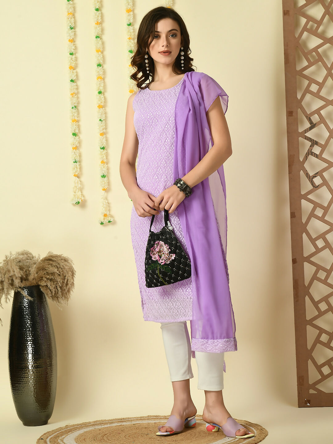 Myshka Women's Lavender Georgette Sleeveless Straight Party Kurta With Dupatta Set - Distacart