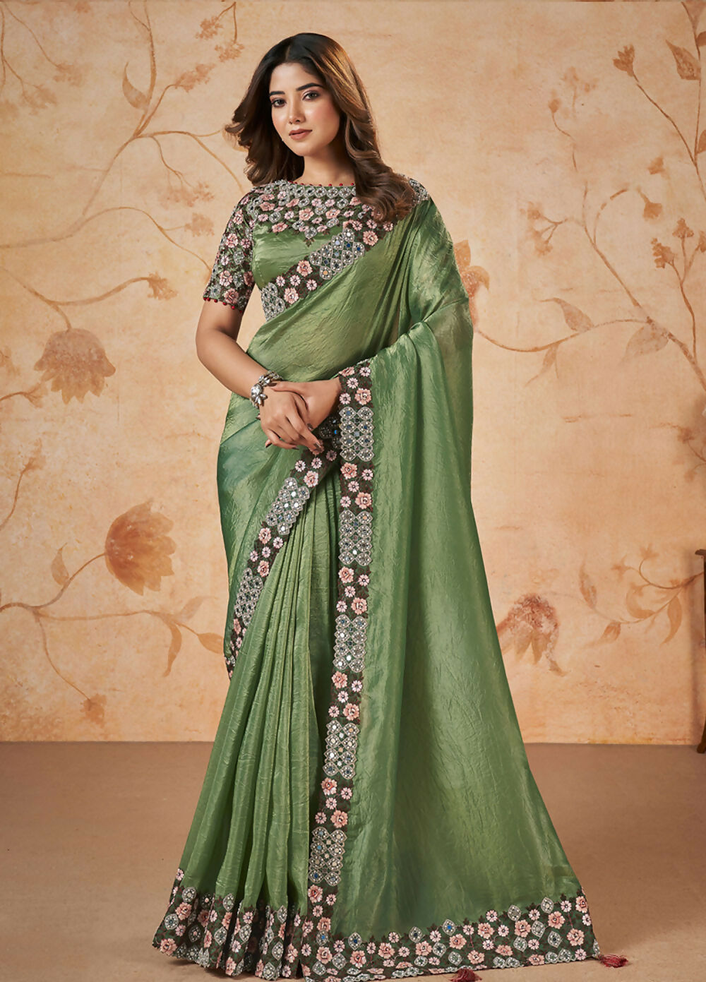 Green Banarasi Crush Silk Thread, Sequence, Cord Embroidered with Stone & Mirror Work Saree - Mohmanthan Dakshika - Distacart