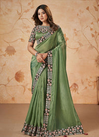 Thumbnail for Green Banarasi Crush Silk Thread, Sequence, Cord Embroidered with Stone & Mirror Work Saree - Mohmanthan Dakshika - Distacart