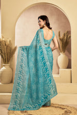Thumbnail for Vastranavya Sky Blue Digital Printed Linen Ready To Wear Designer Saree with Unstitched Blouse - Distacart