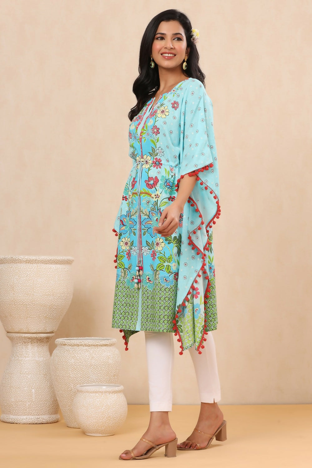 Juniper Sky Blue Floral Printed Calf-Length Rayon Kaftan. - Distacart