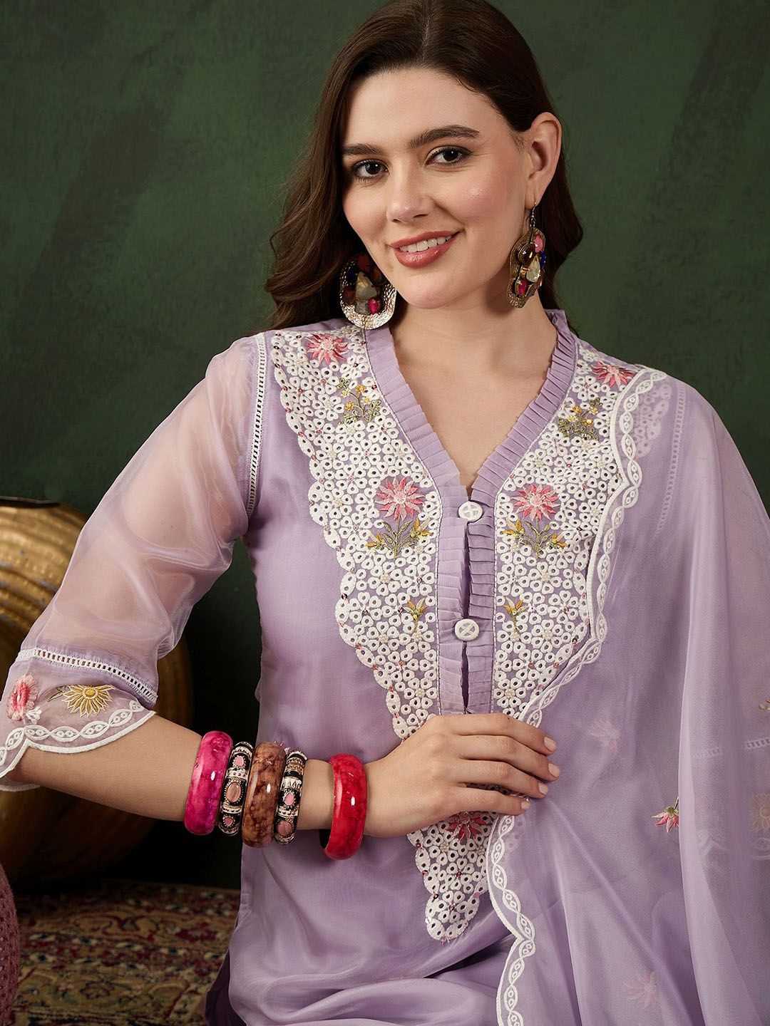 Sangria Embroidered Kurta With Trouser & Dupatta Set - Distacart