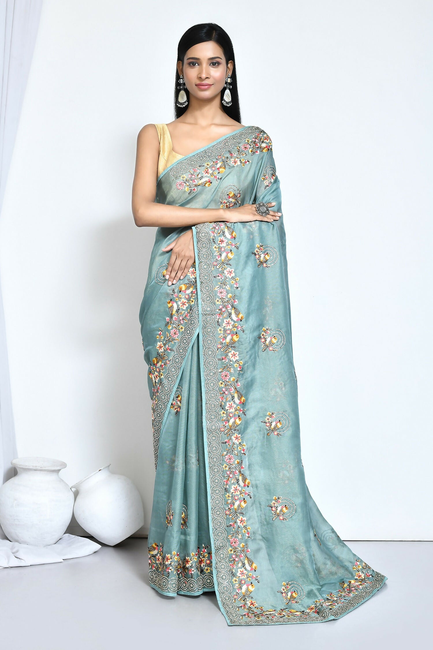 Blue Net Organza Silk Thread Emboidered with Stone Work Saree - Nimaya Benzy - Distacart