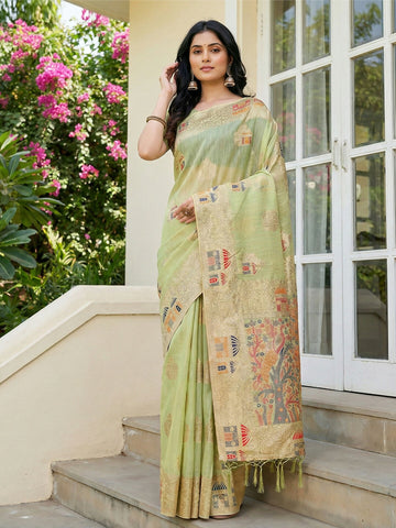 Shree Shyam Fashion Light Green Linen Cotton Saree - Distacart