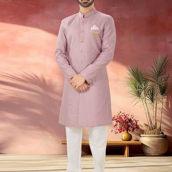 Joban Fashion Men's Pink Straight Silk Thread And Sequence Embroidary All Over Indo-Western Kurta Set - Distacart