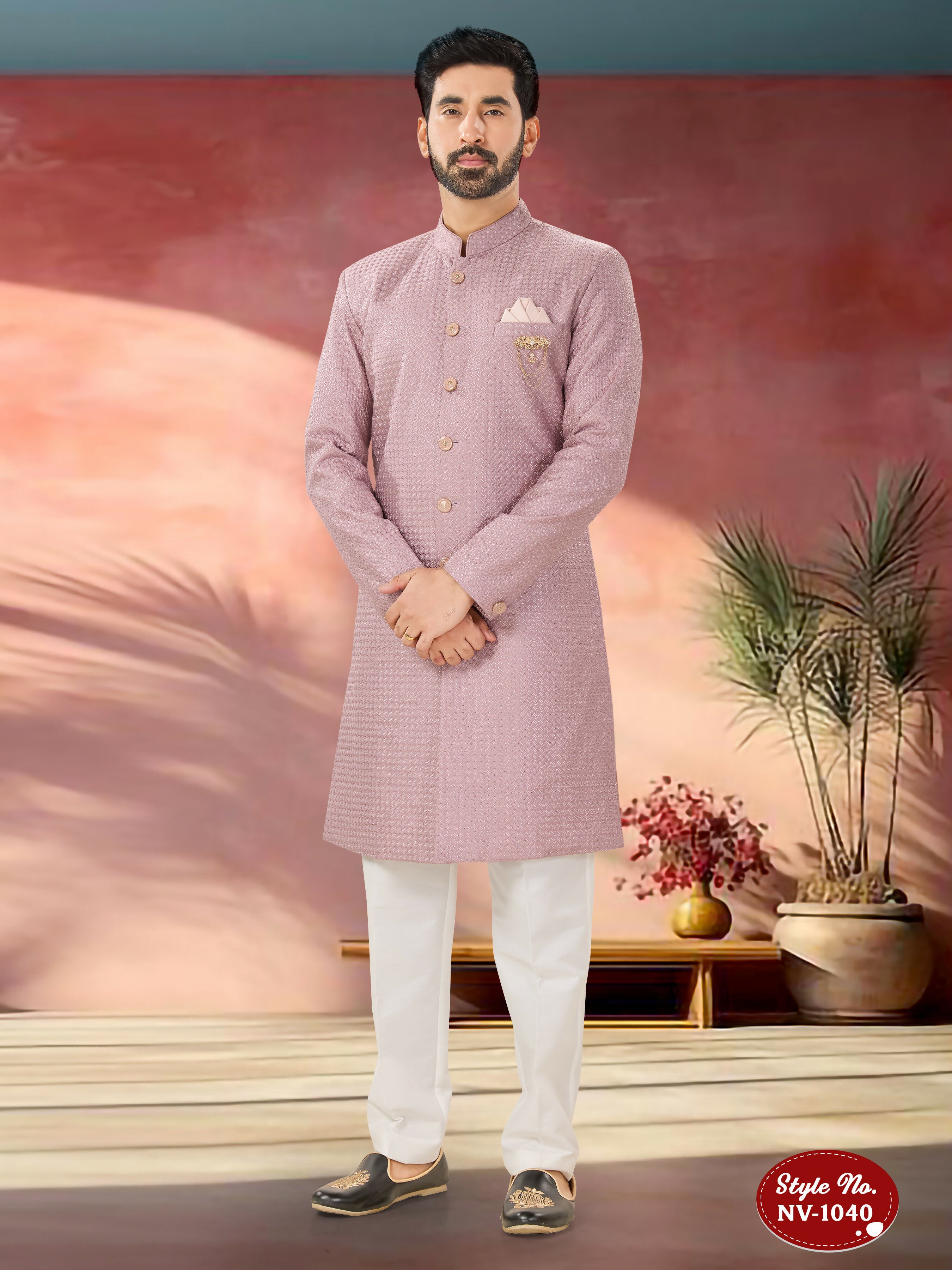 Joban Fashion Men's Pink Straight Silk Thread And Sequence Embroidary All Over Indo-Western Kurta Set - Distacart