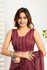 Thumbnail for Joban Fashion Maroon Ethnic Motifs Linen Ready To Wear Saree With Unstitched Blouse - Distacart